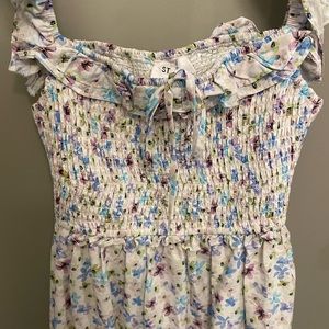 multicolored white purple and blue floral dress.